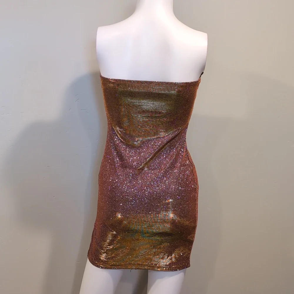 SHEIN Golden Copper Sparkly Strapless Bodycon Mini Party Dress With Slit Size XS